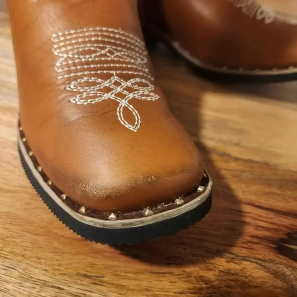 Brown Square Toe Real Leather Cowboy Boots from Zacatecas Size 20.5 MX 1.5 Kids